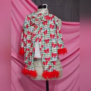 Plaid Coat with Red Bow and Feather Trim